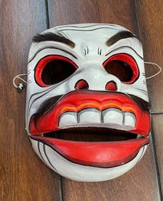 HAND CARVED PAINTED BUCK TOOTH MOVING MOUTH EYEBROWS AND MUSTACHE WOODEN FACE MASK WITH FINE LINES