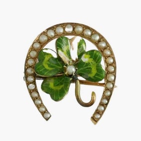 9ct GOLD ENAMEL SEED PEARL LUCK Of The IRISH HORSE SHOE SHAMROCK BROOCH PIN LUCKY Unmarked,