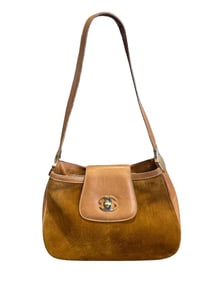 1970s GUCCI SUEDE & TAN BROWN LEATHER SHOULDER BAG PURSE w/ ORIGINAL BOX & 'BAL HARBOUR' COLLINS