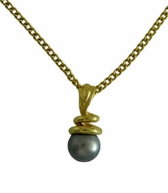 14K GOLD COILED COBRA SNAKE ON SILVER GREY 8mm TAHITIAN PEARL PENDANT CHARM marked '14k' Comes
