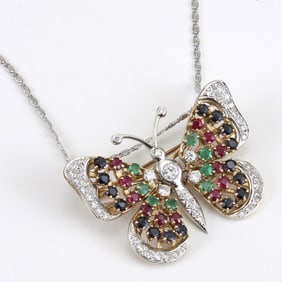 14Kt GOLD DIAMOND, SAPPHIRE, RUBY, EMERALD BUTTERFLY PENDANT NECKLACE Retailed by: Franklin Simon