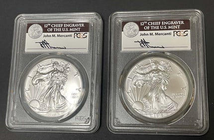 2016 SILVER EAGLE PCGS MS70 FIRST STRIKE MERCANTI SIGNED 30th Anniversary Two Coins both