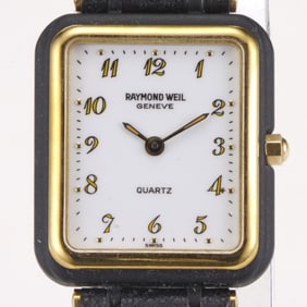 RECTANGULAR 18K GOLD ELECTROPLATED RAYMOND WEIL 8083 SWISS QUARTZ WATCH, ULTRA SLENDER WOMANS A