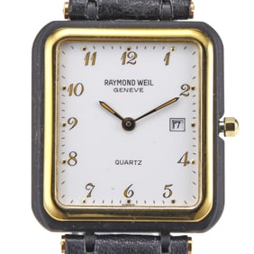 ULTRA SLENDER MENS RECTANGULAR 18K GOLD ELECTROPLATED RAYMOND WEIL 9983 DATE WATCH With a Swiss