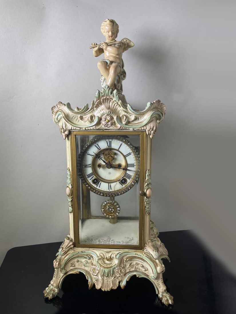 FLUTE PLAYING CHERUB ANSONIA CHIMING MANTLE CLOCK CA. 1900 Signed white enamel open escapement (1 of 10)