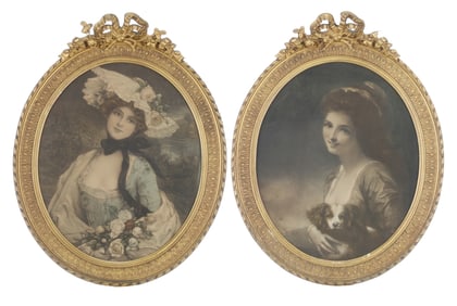 Pair of 19th CENTURY EUROPEAN SCHOOL FEMALE PORTRAIT COLORED AQUATINTS Likely French. Colored