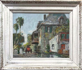 EMMETT JOHN FRITZ St. AUGUSTINE FLORIDA STREET SCENE OIL ON MASONITE PAINTING FLORIDA HIGHWAYMEN