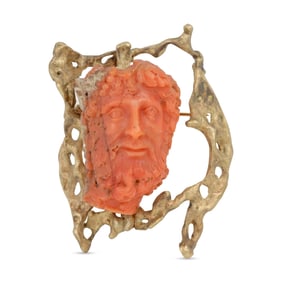 GIA CERTIFIED CA. 1850 CONTINENTAL BACCHUS / DIONYSUS 14KT YELLOW GOLD & CORAL BROOCH GIA