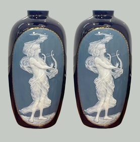 PAIR OF CAMILLE THARAUD (LIMOGES, FRANCE) PATE-SUR-PATE PORCELAIN VASES Females playing harp on