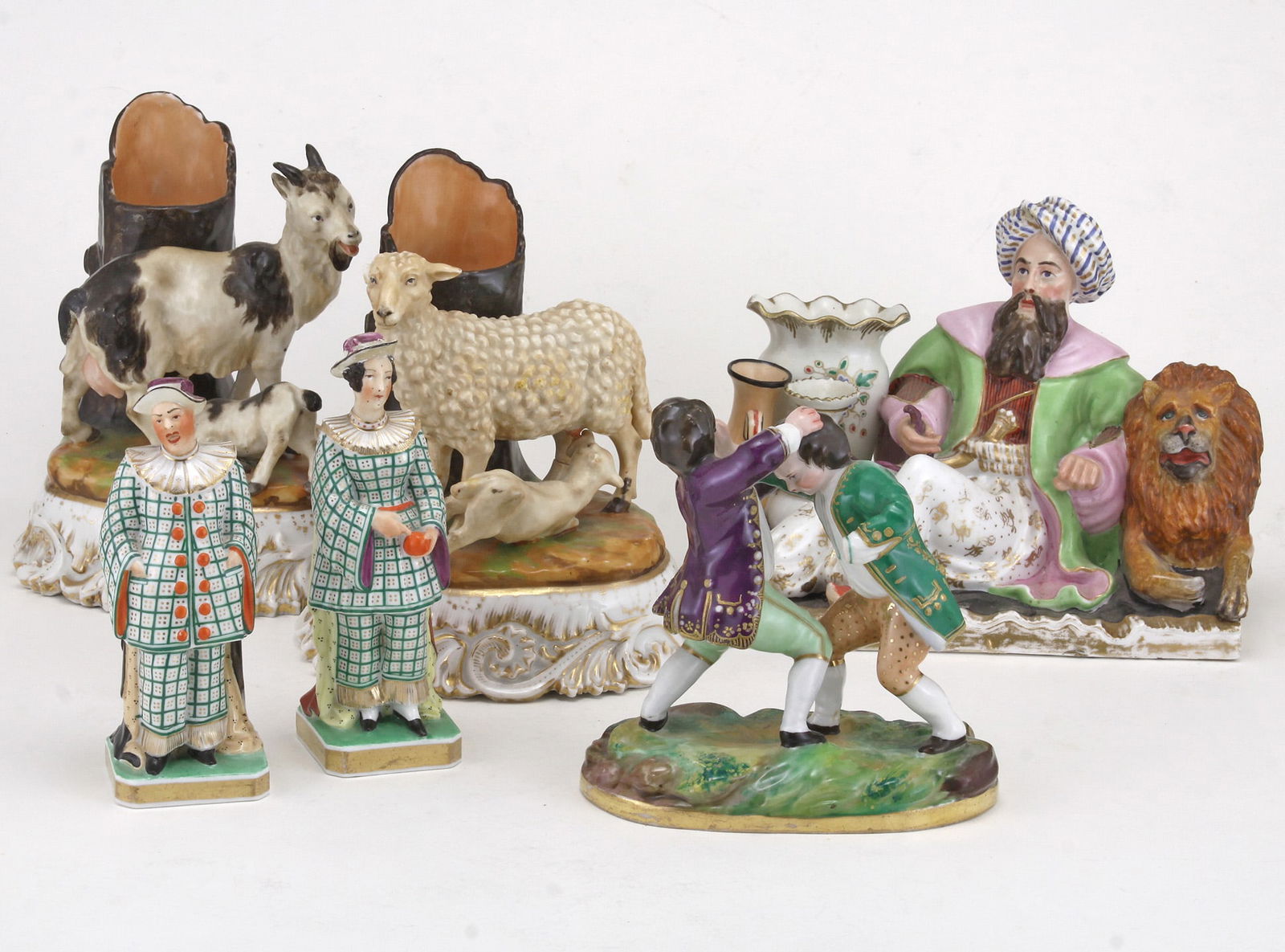 SIX JACOB PETIT PORCELAIN FIGURAL GROUPS. MID-19TH CENTURY, BLUE J.P. MARKS SIX JACOB PETIT: SIX JACOB PETIT PORCELAIN FIGURAL GROUPS. MID-19TH CENTURY, BLUE J.P. MARKSSIX JACOB PETIT PORCELAIN FIGURAL GROUPS. MID-19TH CENTURY, BLUE J.P. MARKS Applied all over with hand-painted enamels in v