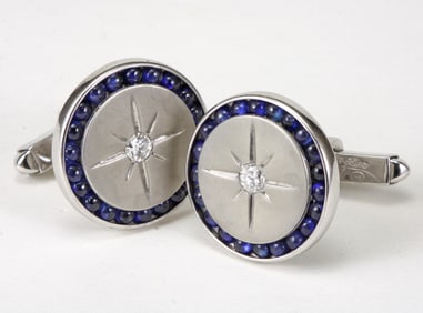 14K WHITE GOLD SAPPHIRE & DIAMOND LUCIEN PICCARD CUFFLINKS w/ PRESENTATION BOX, Ca. 1960, MID