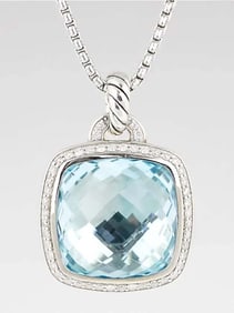DAVID YURMAN 17MM BLUE TOPAZ & DIAMOND ALBION PENDANT ENHANCER w/ DY NECKLACE This gorgeous