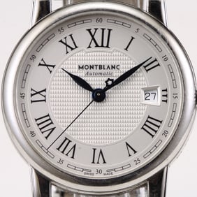 STAINLESS MENS 39mm. MONTBLANC STAR DATE AUTOMATIC WATCH 107115 w/ Box & Papers