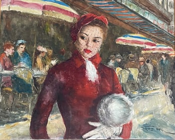 PAL FRIED (1893 - 1976) HUNGARIAN/AMERICAN ''GIRL IN FRONT OF A BUSY PARIS CAFE'' OIL PAINTING