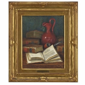 CLAUDE RAGUET HIRST STILL LIFE w OPEN BOOK: SMOKING PIPE & PITCHER WATERCOLOR PAINTING, AMERICAN,