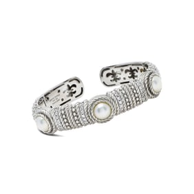 JUDITH RIPKA STERLING SILVER, PEARL, CZ LADIES HINGED CUFF BRACELET W/ FLEUR DE LIS OPEN BACK The