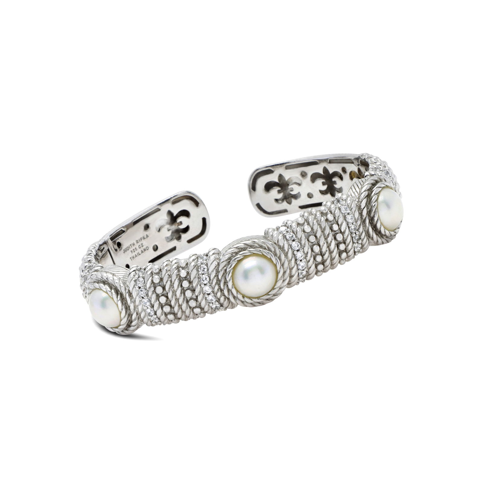 JUDITH RIPKA STERLING SILVER, PEARL, CZ LADIES HINGED CUFF BRACELET W/ FLEUR DE LIS OPEN BACK The (1 of 3)