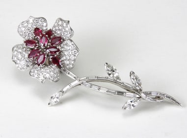 18K WHITE GOLD DIAMOND AND RUBY FLORAL BROOCH 28.7 GRAMS 6.55CTTW DIAMONDS, 4.05CTTW RUBIES