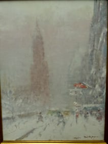 JOHANN BERTHELSEN 59TH ST. Looking toward 5th AVENUE NYC NEW YORK CITY OIL PAINTING WINTER SNOW