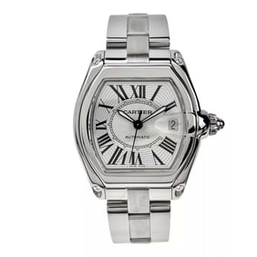 CARTIER ROADSTER LM ROMAN SILVER GUILLOCHE DIAL MENS STAINLESS STEEL AUTOMATIC WATCH 2510 W/BOX &