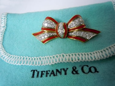 TIFFANY 18K DIAMOND ENAMEL BOW BROOCH, DONALD CLAFLIN A Rare Diamond, Enamel, Platinum & Gold