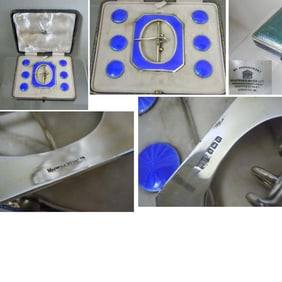 EDWARDIAN MAPPIN WEBB STERLING SILVER GUILLOCHE ENAMEL BELT BUCKLE BUTTONS SET Circa 1910