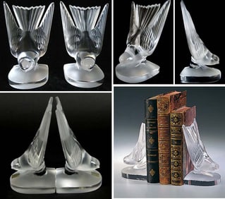 LALIQUE DEUX HIRONDELLES SWALLOW PAPERWEIGHT BOOKENDS A lovely pair of Lalique Crystal
