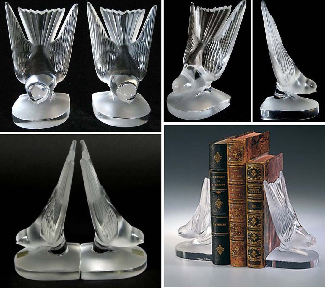 LALIQUE DEUX HIRONDELLES SWALLOW PAPERWEIGHT BOOKENDS A lovely pair of Lalique Crystal: LALIQUE DEUX HIRONDELLES SWALLOW PAPERWEIGHT BOOKENDS A lovely pair of Lalique Crystal 'Hirondelle' swallow Art Glass bookends measuring 6-1/8 In. high with a base measurement of 3-1/8 x 3-3/8 Inches.