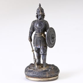 SILVERED BRONZE MEDIEVAL KNIGHT SIGNET DESK SEAL ca. 1875 Victorian Intaglio/ Agate Seal Armorial