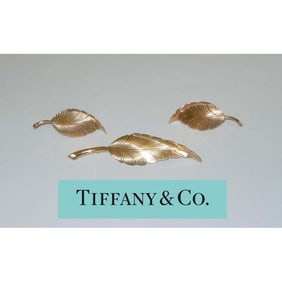 14Kt GOLD TIFFANY & CO FEATHER EARRINGS & BROOCH SET Vintage 14Kt Yellow Gold Tiffany Feather