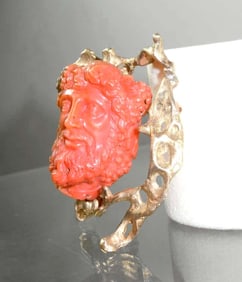 14KT GOLD MEDITERRANEAN CORAL DIONYSOS ESTATE BROOCH A 19th Century 14Kt Gold and Mediterranean