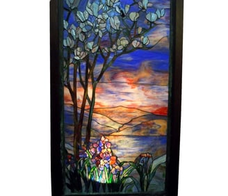 ATTRIB: TIFFANY STUDIOS NEW YORK ''MAGNOLIA & IRIS'' STAINED GLASS WINDOW