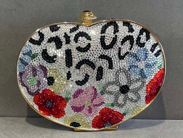 JUDITH LEIBER HEART SHAPED FULL BEAD MULTI COLOR FLORAL GARDEN CRYSTAL CLUTCH MINAUDIERE EVENING