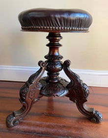 CHESTERFIELD STYLE ANTIQUE 19TH CENTURY VICTORIAN CARVED MAHOGANY TUFTED LEATHER SWIVEL PIANO STOOL