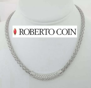 ROBERTO COIN PAVE DIAMOND 18K WHITE GOLD BASKET WEAVE CHOKER NECKLACE 2.98 ct 43.6 Gr. Clasp
