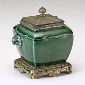 c1880 THEODORE DECK (1823-1891) FRENCH GREEN GLAZED POTTERY INKWELL C1880 Theodore Deck