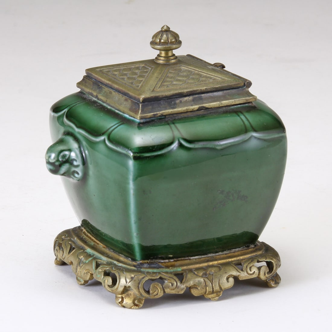 c1880 THEODORE DECK (1823-1891) FRENCH GREEN GLAZED POTTERY INKWELL C1880 Theodore Deck: c1880 THEODORE DECK (1823-1891) FRENCH GREEN GLAZED POTTERY INKWELLC1880 Theodore Deck (1823-1891) French Green Glazed earthenware Pottery Inkwell. Marked TH. Deck to the underside. Bronze mounts pos