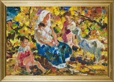 JOHN EDWARD COSTIGAN OIL PAINTING MOTHER & CHILDREN with LAMB American, 1888-1972 Mother and
