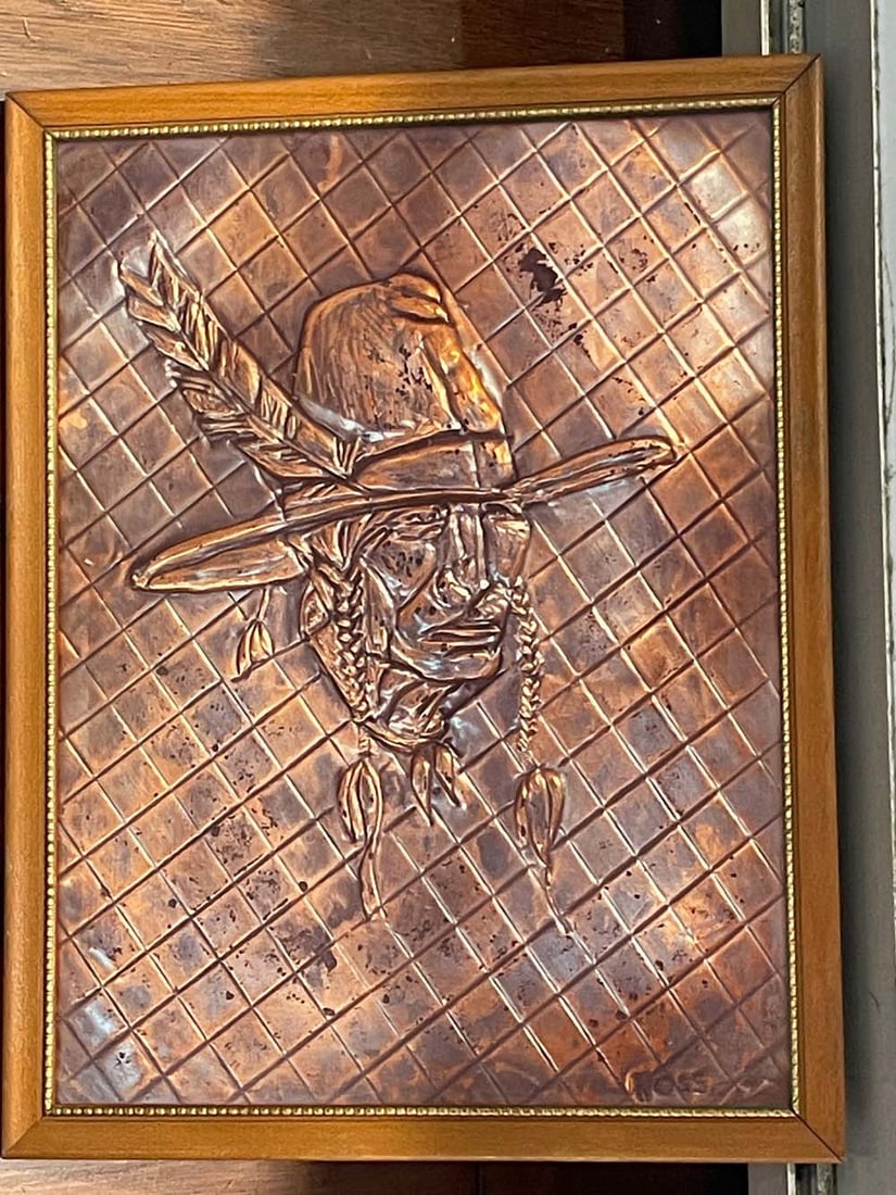 NATIVE AMERICAN INDIAN WITH FEATHER HAT STAMPED COPPER SCULPTURE by ROSS A vintage 9 x 12 inch (1 of 4)