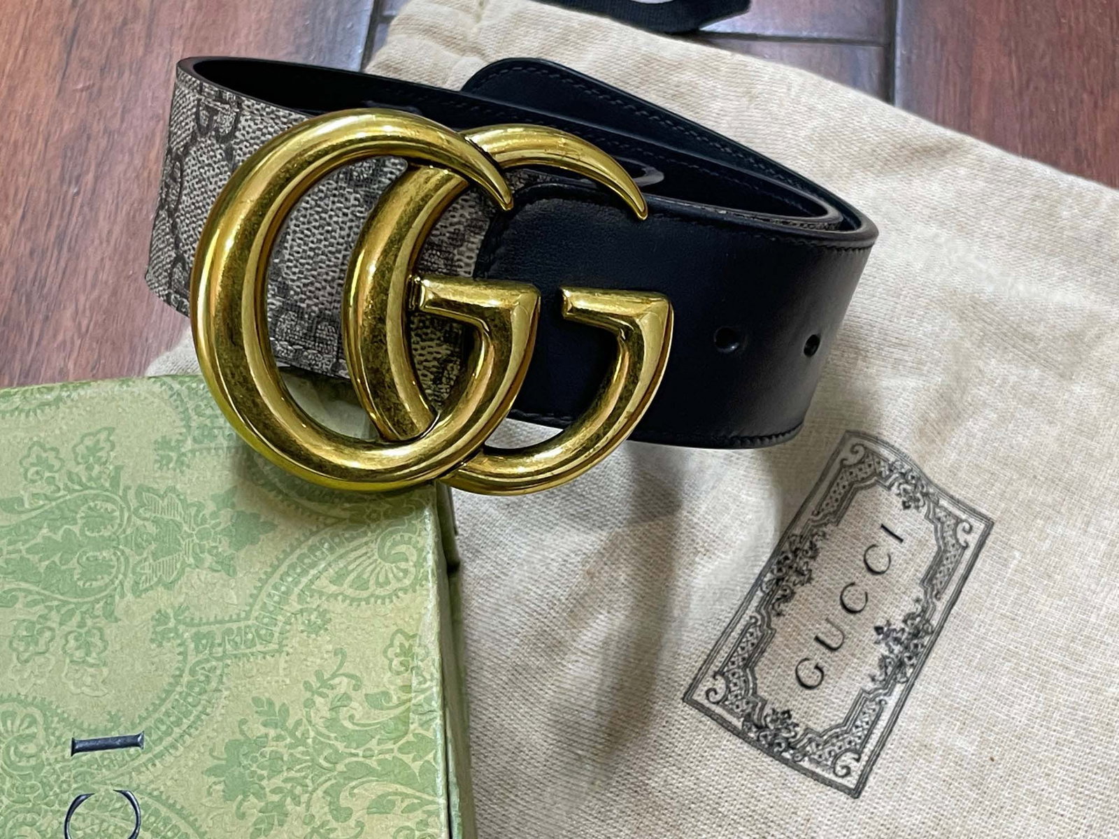 GUCCI GG MARMONT BELT IN GG SUPREME CANVAS WITH DOUBLE G BUCKLE Authentic Gucci GG Marmont Belt (1 of 4)