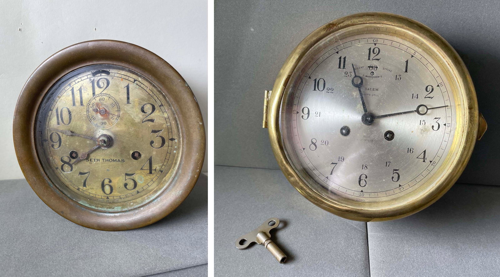 VINTAGE BRASS SETH THOMAS & SALEM 8 DAY PORTHOLE CLOCK, WATCHMAKER PARTS (Sold As Is) Both have a (1 of 13)