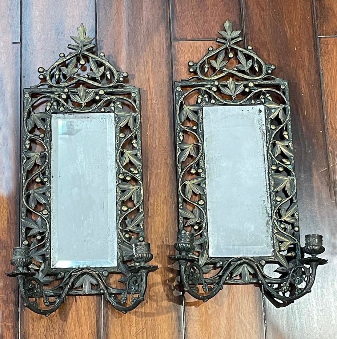 Pr AESTHETIC MOVEMENT FRENCH BRONZE FLOWER FOLIAGE BEVELED MIRROR CANDELABRA SCONCES w/ Copper (1 of 12)