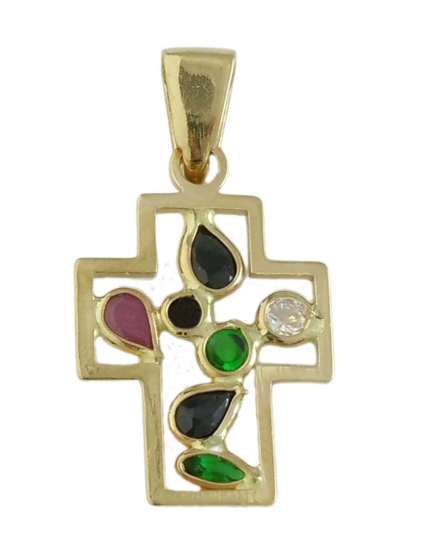 14K ITALIAN YELLOW GOLD FLOATING GEMSTONE PENDANT CROSS Marked, '14K ITALY', featuring Marquise, (1 of 6)