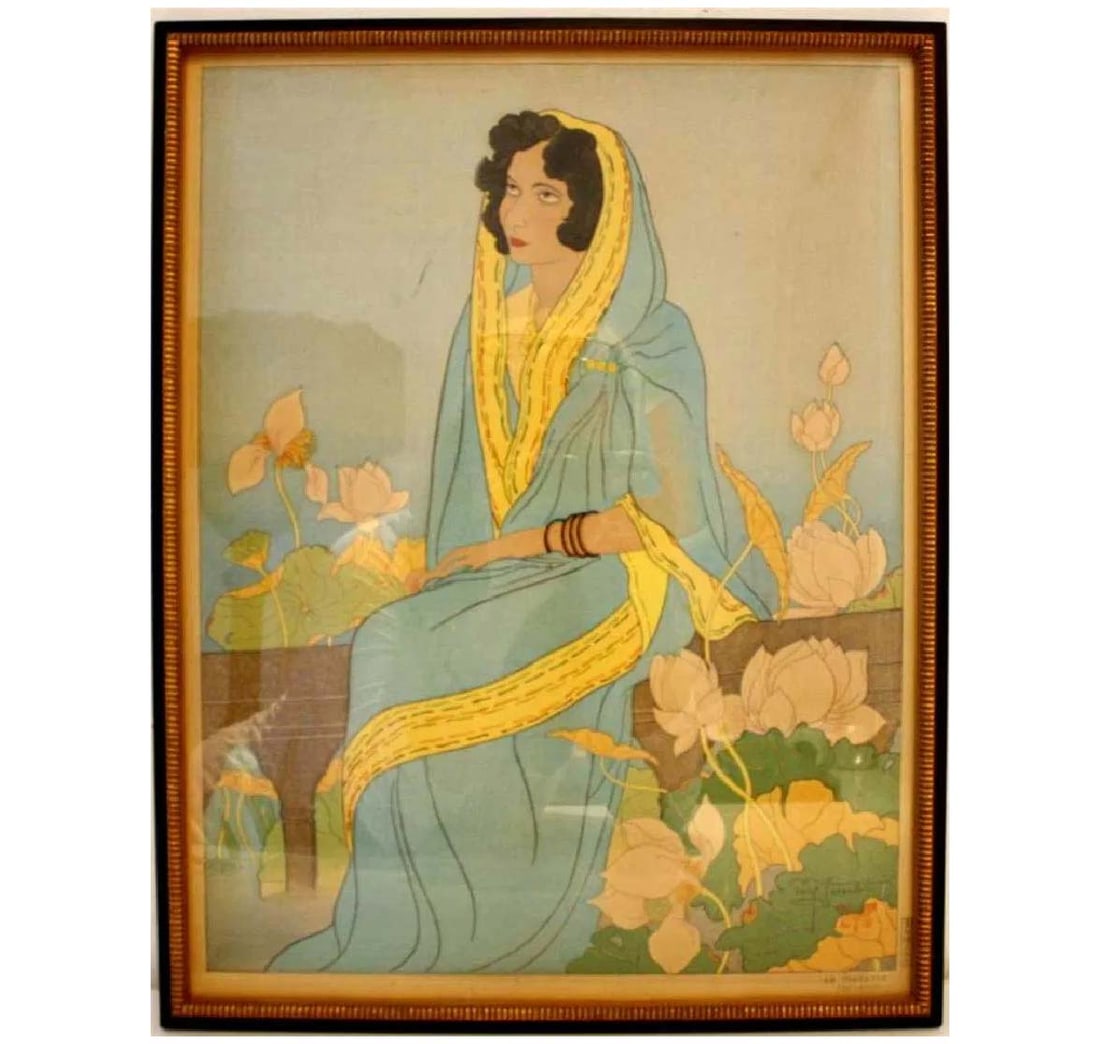 PAUL JACOULET WOOD BLOCK PRINT 'LA POETESSE INDIENNE' SEATED FEMALE Signed on the lower right (1 of 9)