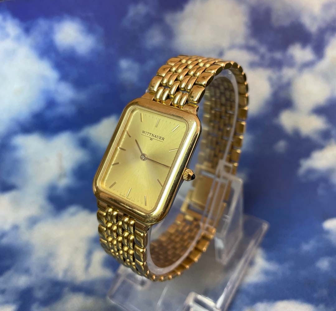 MENS GOLD TONE STAINLESS STEEL WITTNAUER CHAMPAGNE STICK DIAL WATCH Grain of Rice Band An ultra (1 of 9)