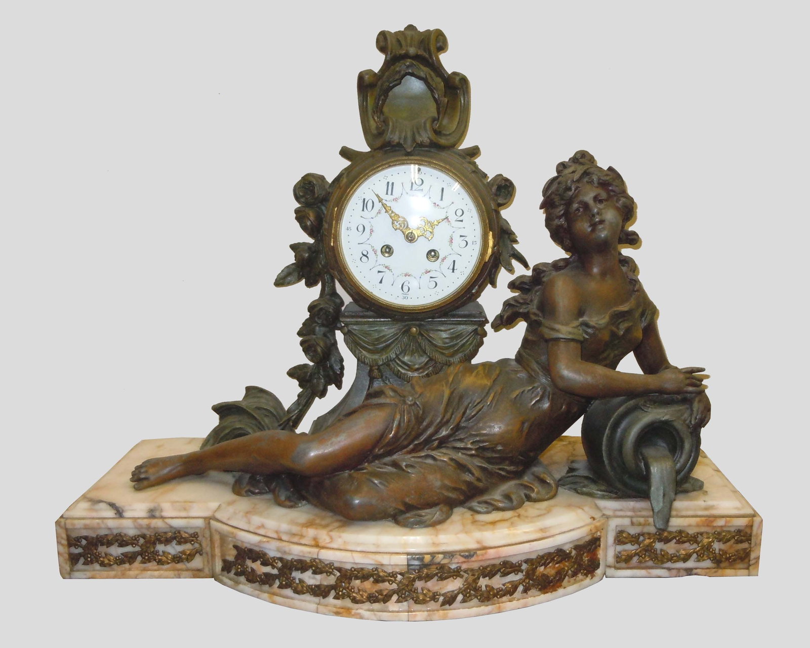 L & F MOREAU 19c FRENCH FEMALE CHIMING MANTLE CLOCK Spelter & Marble Figuarl Art Nouveau circa: L & F MOREAU 19c FRENCH FEMALE CHIMING MANTLE CLOCK Spelter & Marble Figuarl Art Nouveau circa 1880 featuring a reclining female with jug spewing water in mid thought, beside the flower foliate adorne