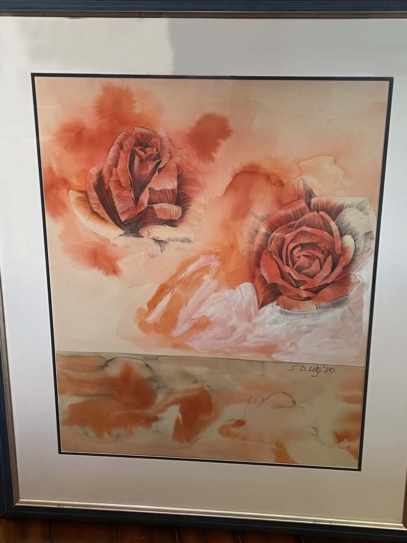 STEVE LOTZ MIXED MEDIA PENCIL, WATERCOLOR & GOUACHE FLOWERING ROSES PAINTING Signed S D. Lotz' 80 (1 of 8)