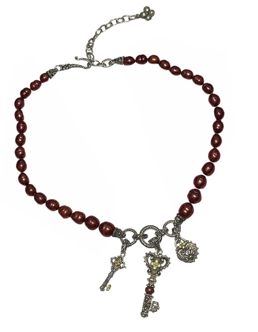 BARBARA BIXBY STERLING 18K CHOCOLATE BROWN PEARL HEART KEY ENHANCER PENDANT NECKLACE Marked ''925: BARBARA BIXBY STERLING 18K CHOCOLATE BROWN PEARL HEART KEY ENHANCER PENDANT NECKLACE Marked ''925 18K'' centered with a large 18k gold adorned Sterling silver high relief openwork heart key (removable