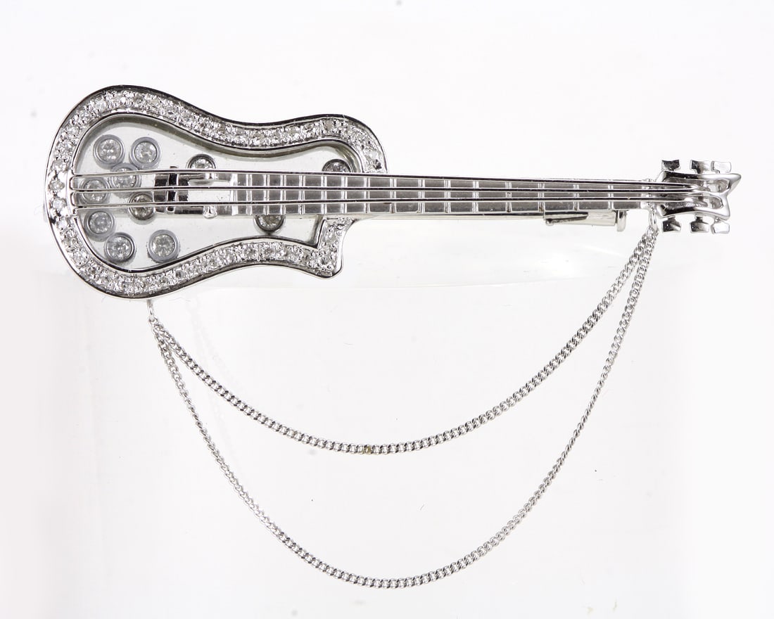 18KT WHITE GOLD FLOATING HAPPY DIAMOND GUITAR BROOCH 11.9 GRAMS Marked, ''750 and 18K 750'', A (1 of 18)