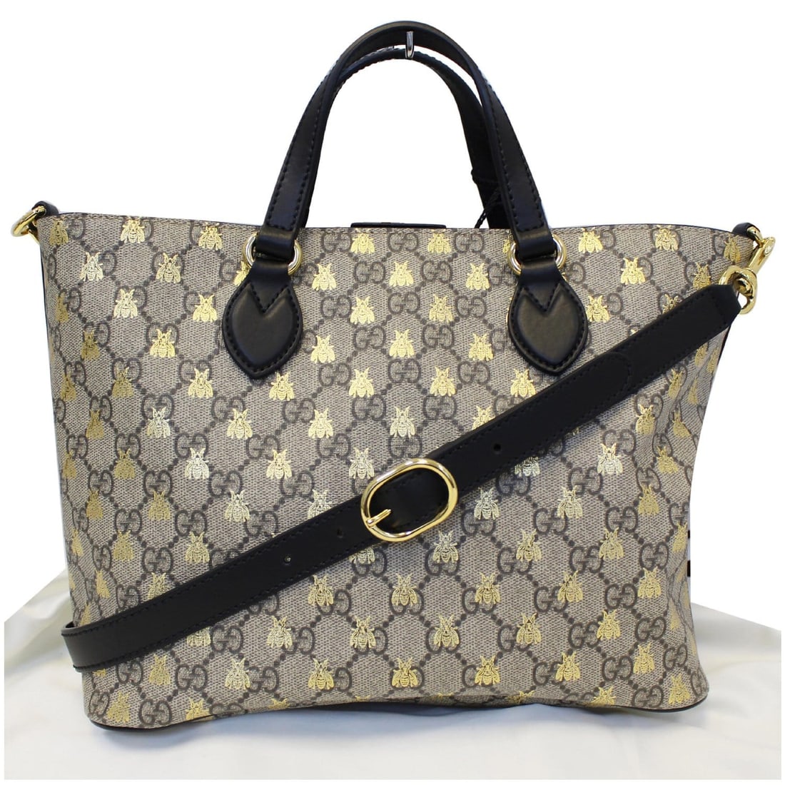 GUCCI GG SUPREME 473887 BEES MONOGRAM TOTE BAG w CLUTCH PURSE BLACK/GOLD, can be worn as Cross (1 of 17)